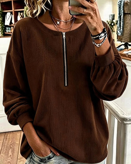 Sweatshirt Rund Hals Glidelås Stripet Drop Skulder