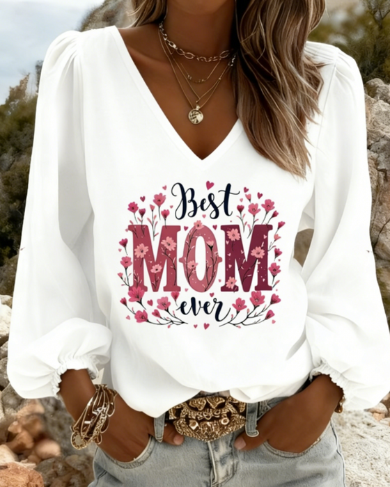 Bluse V-Hals Lykt Erme Trykk