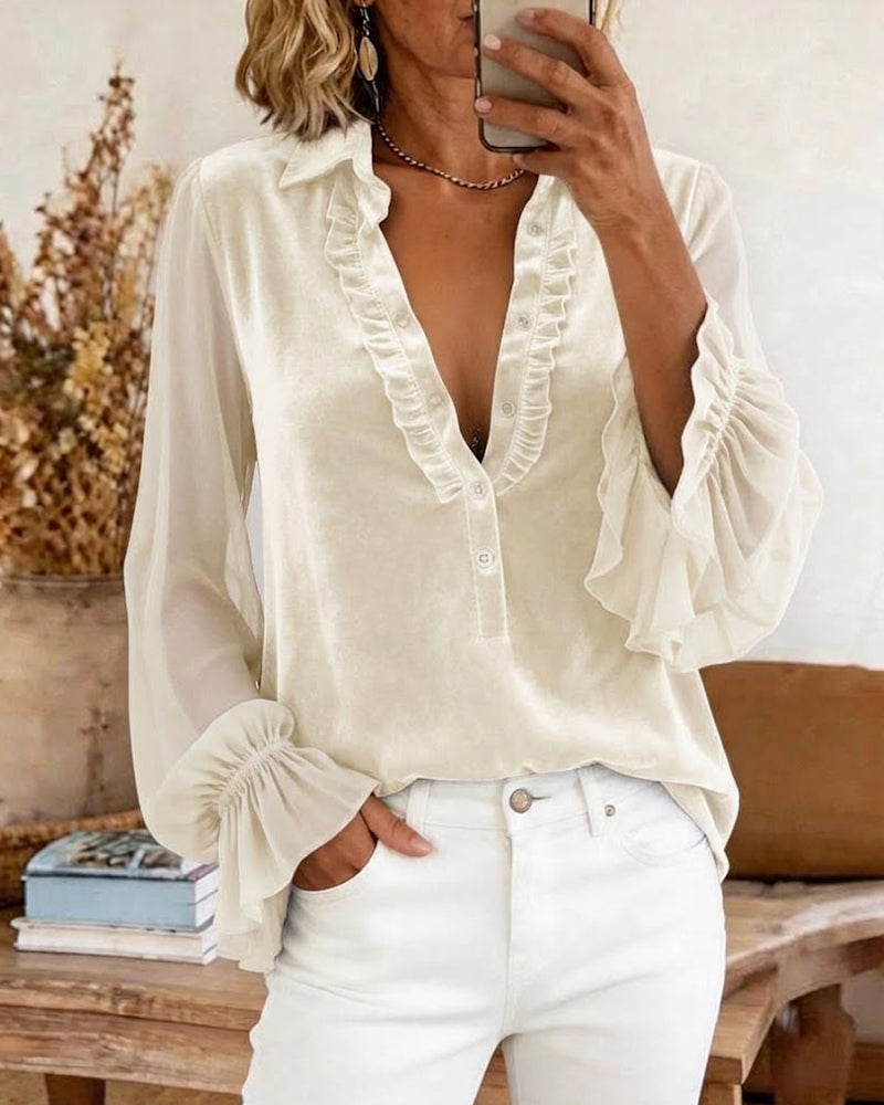Bluse Fløyel Patchwork Rynket Erme
