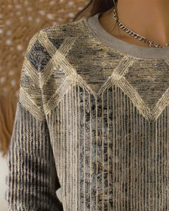 Retro Trykt Rund Hals Genser