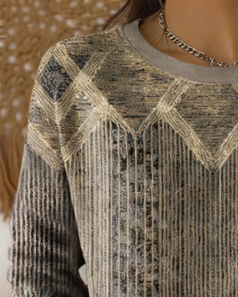 Retro Trykt Rund Hals Genser