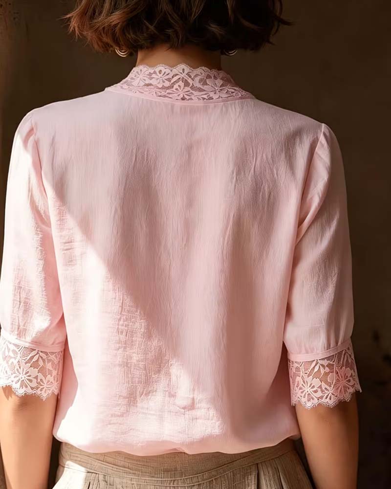 Bluse V-Hals Blonder Patchwork Solid Tre Kvarter Erme