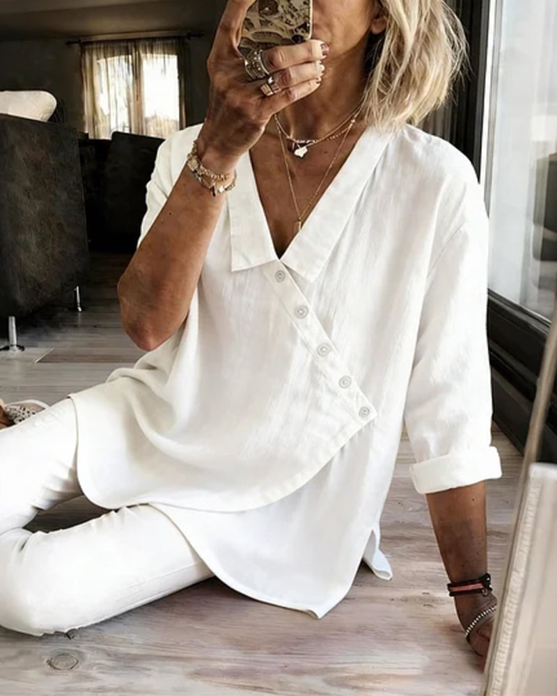 Bluse Med Asymmetrisk Diagonal Knappelukking Og Krage
