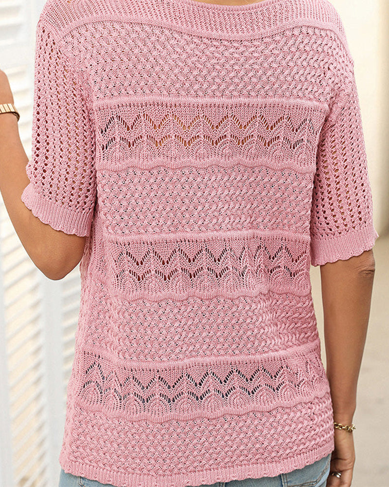 Kortermet Heklet Genser Med Rund Hals Og Hullstrikk Til Dame