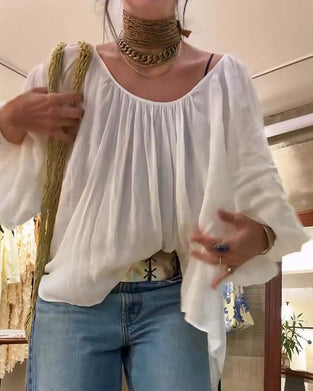 Bluse Puff Lanterne Erme Rynket Rund Hals