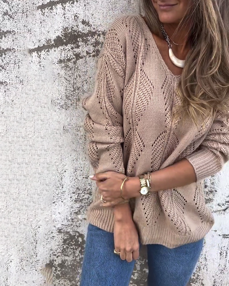 Langermet Genser Med V-Hals Og Hullmønster