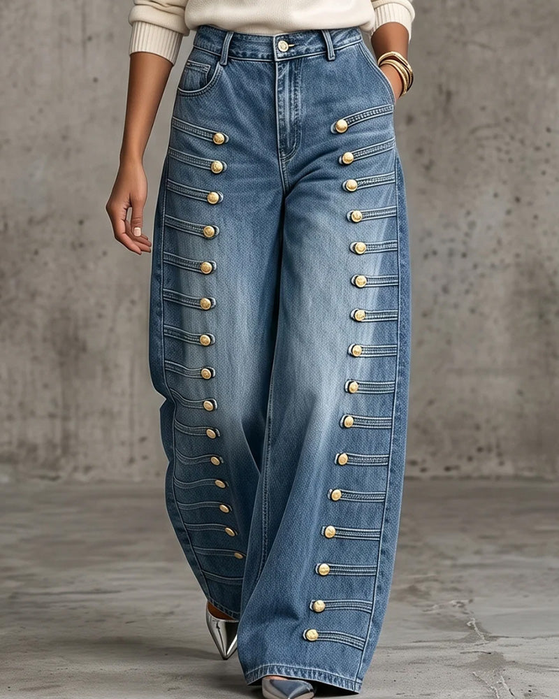 Bukser Knapp Lomme Bredbent Denim Lang