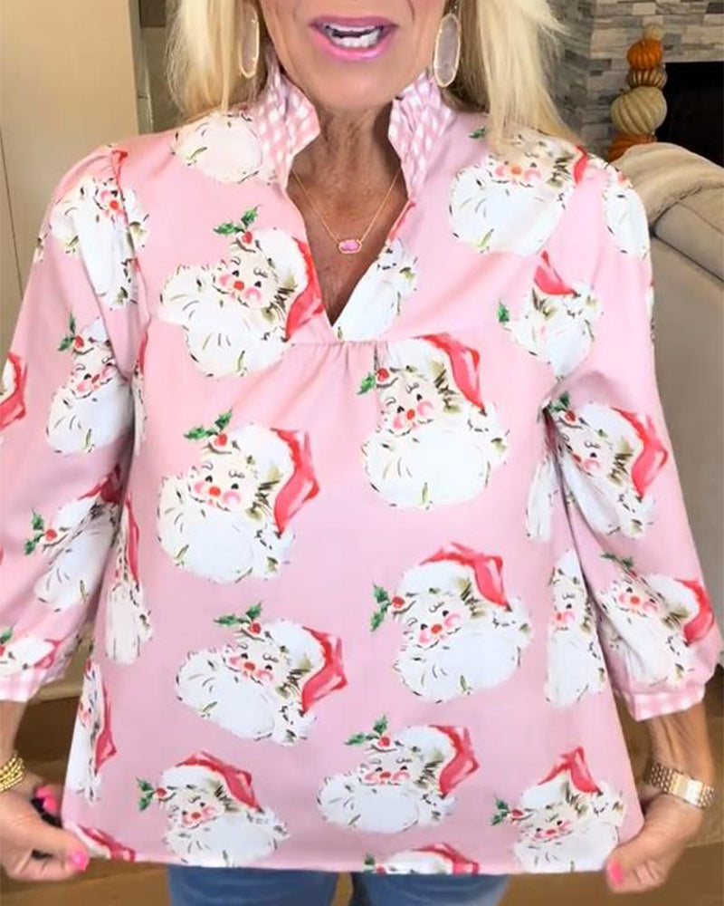 Skjorte Med Julenissetrykk Og V-Utringning