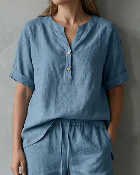 To-Delt Sett Henley Neck Kort Erm Og Snøre Fem-Punkts Brede Ben Bukser