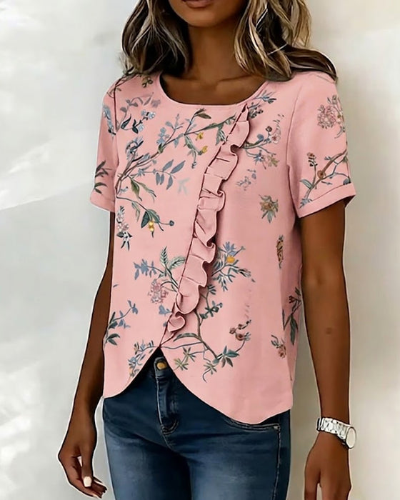 Bluse Rundhalset Kortsermet Rysje Blomstret