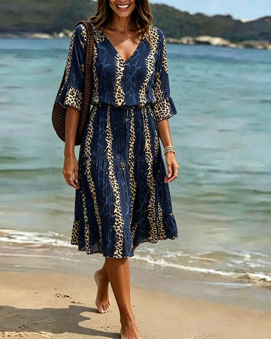 Kjole V-Hals Leopard Patchwork Midi Ferie