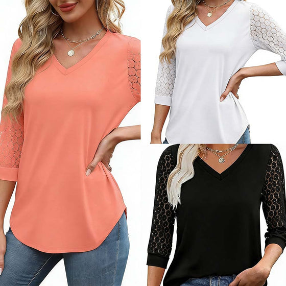 Sett Hul Trekvart Erme Solid Farge Topp