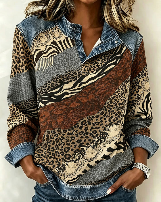 Bluse Patchwork Leopard Knapp