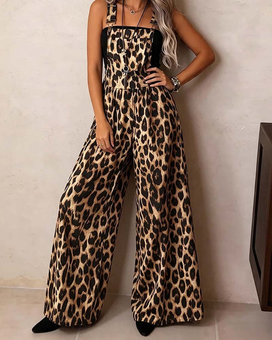 Jumpsuit Leopard Høy Midje Bred Ben Seler