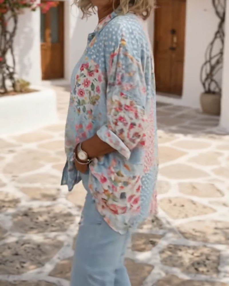 Skjorte Med Småblomstret Print Og Ståkrage