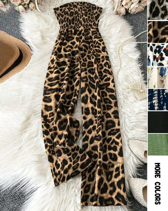 Jumpsuit Stroppeløs Leopard Trykk Bred Ben Midjekniping