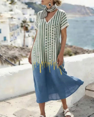 Kjole V-Hals Prikket Stripet Kontrastfarge