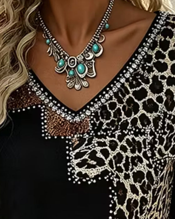Bluse V-Hals Leopard Trykk