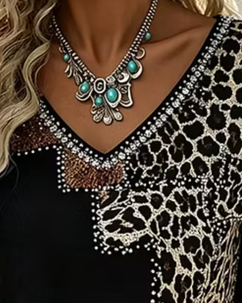 Bluse V-Hals Leopard Trykk