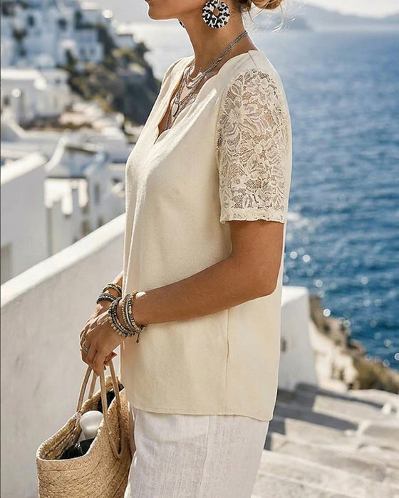 Bluse V-Hals Blonder Patchwork Solid