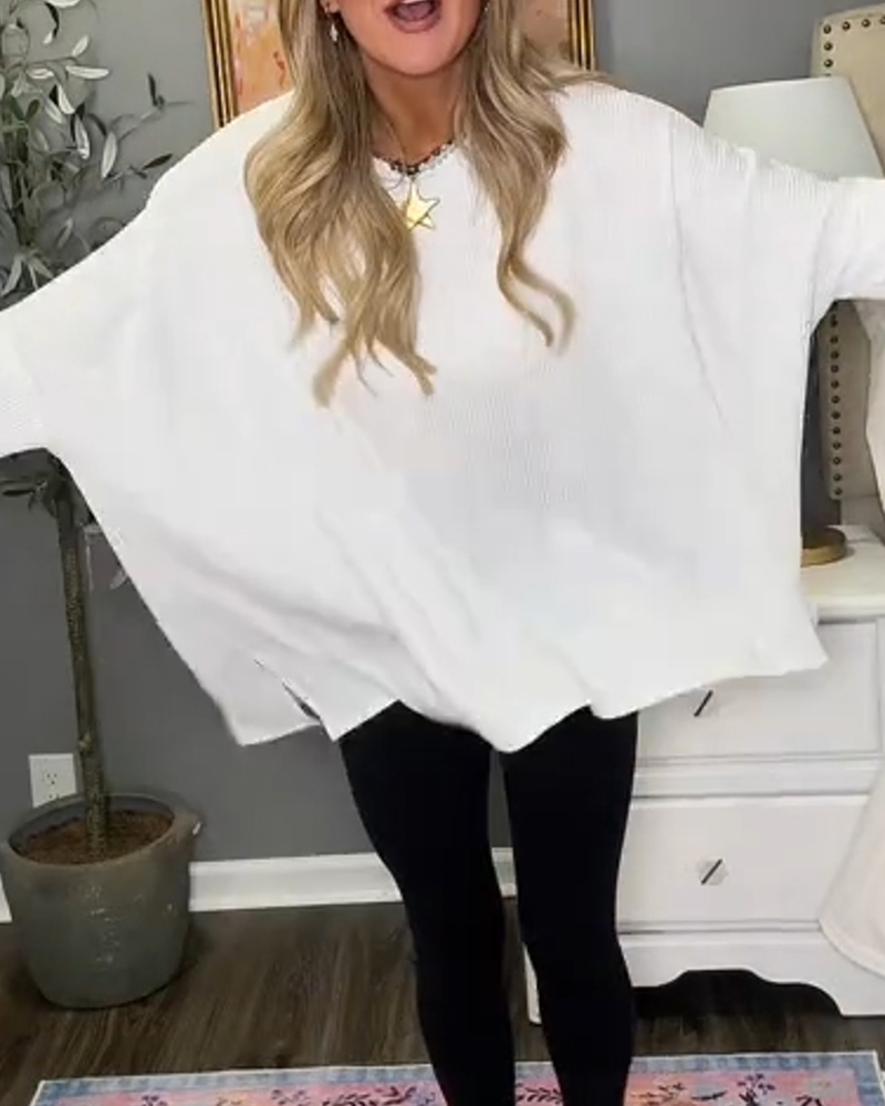Strikket Topp Rundhalset Flagermuserme Loose Fit