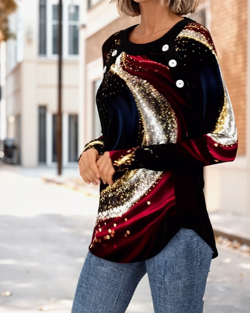 T-skjorte med rund hals og lange ermer, trykk