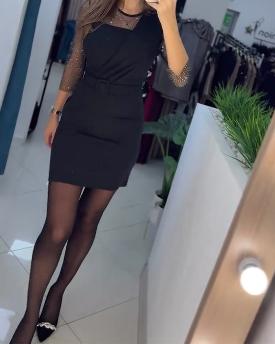 Kjole Mesh Hette Rhinestone Slim Fit Hoftehugget