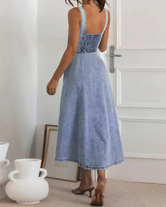 Kjole Spaghetti Stropp Knapp Midje Innsnørt Denim