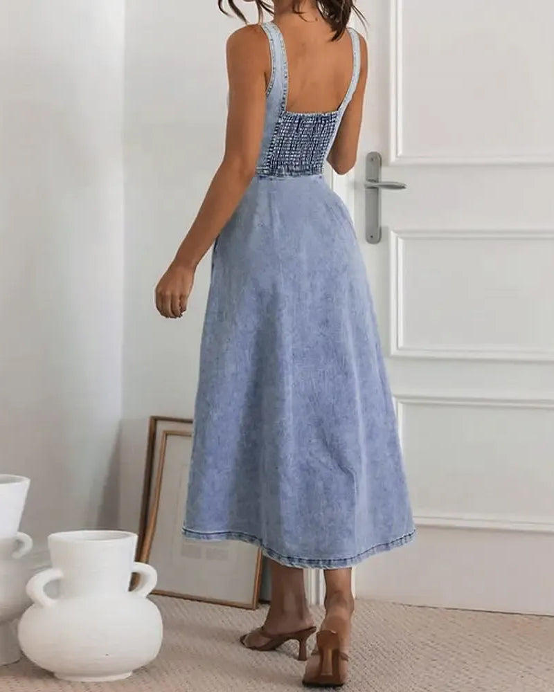Kjole Spaghetti Stropp Knapp Midje Innsnørt Denim
