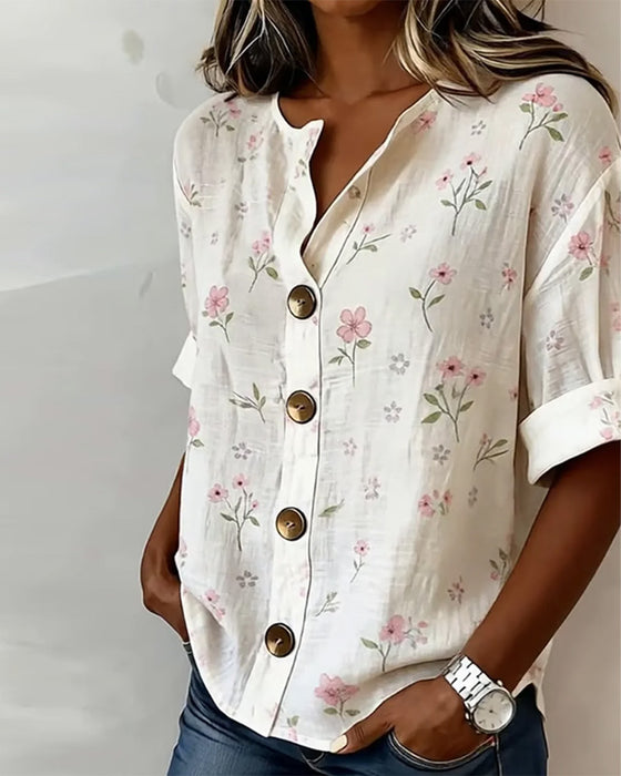 Bluse Lite Blomstret Trykk Knapp Avslappnet
