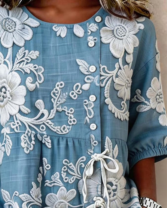 Bluse Med Blomsterprint Snøring Og Halv Knappelukking