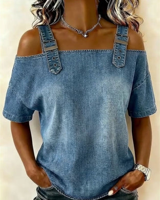 Bluse Off-Shoulder Med Skulderstropp Denim