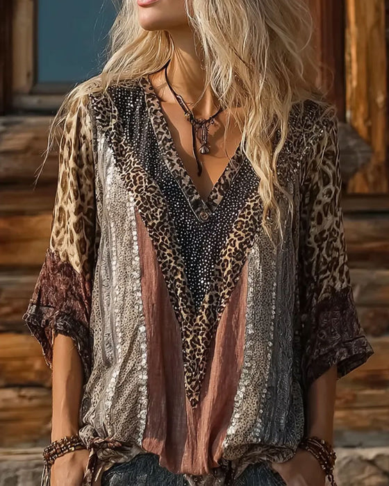 Bluse Leopard Patchwork V-Hals Trykk