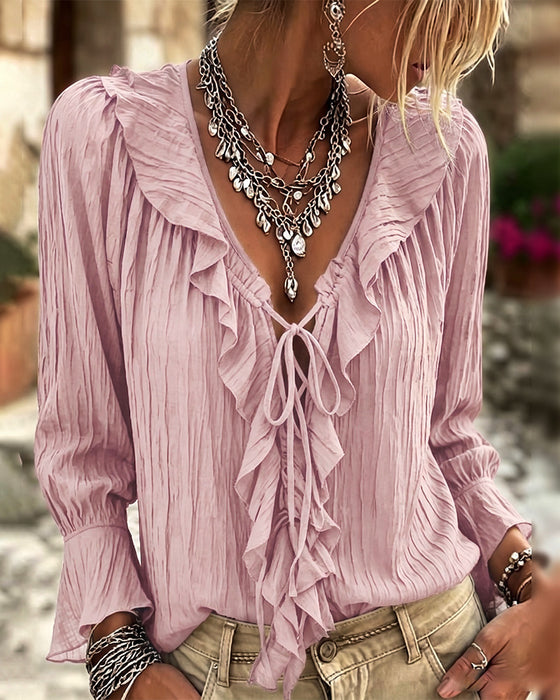 Bluse Ruffle Trim Knyting Lang Erme
