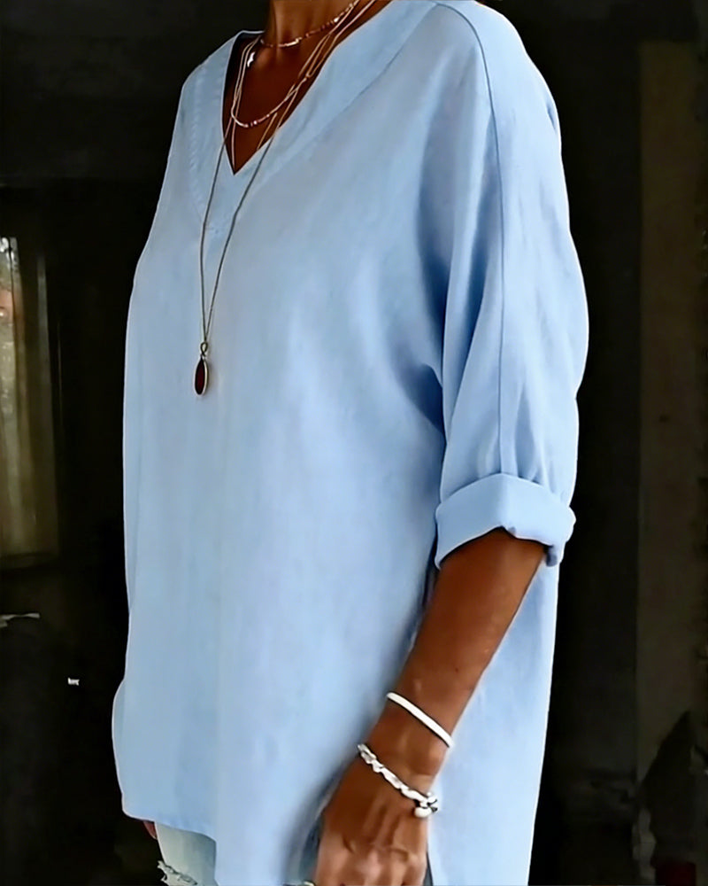 Topp 100% Bomull V-Hals Trekvart Erme Splitt