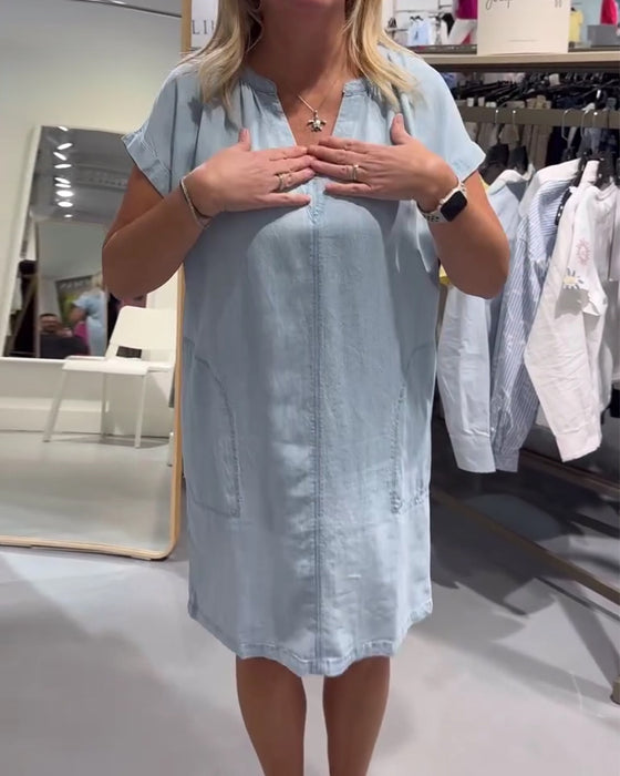Kjole V-Hals Kort Erme Denim Uformell