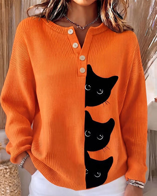 Pullover Knapp Foran Stripe Katt Kontrast Strikket