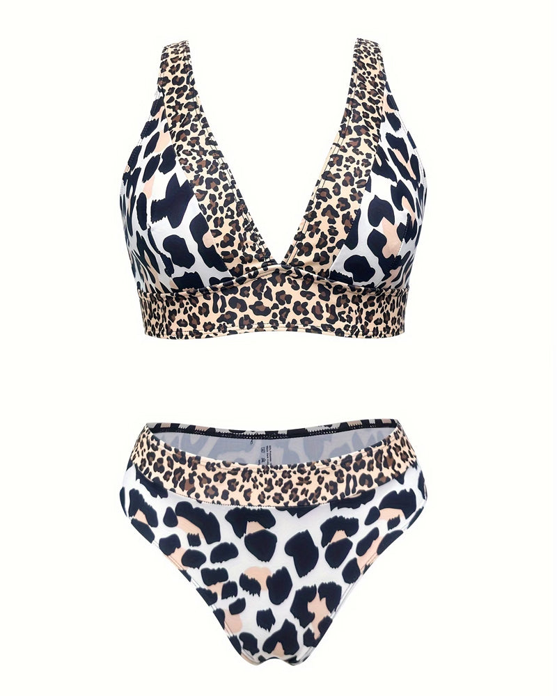 Bikini Dyp V Leopard Trykk Kontrast Farge Høy Midje Splitt