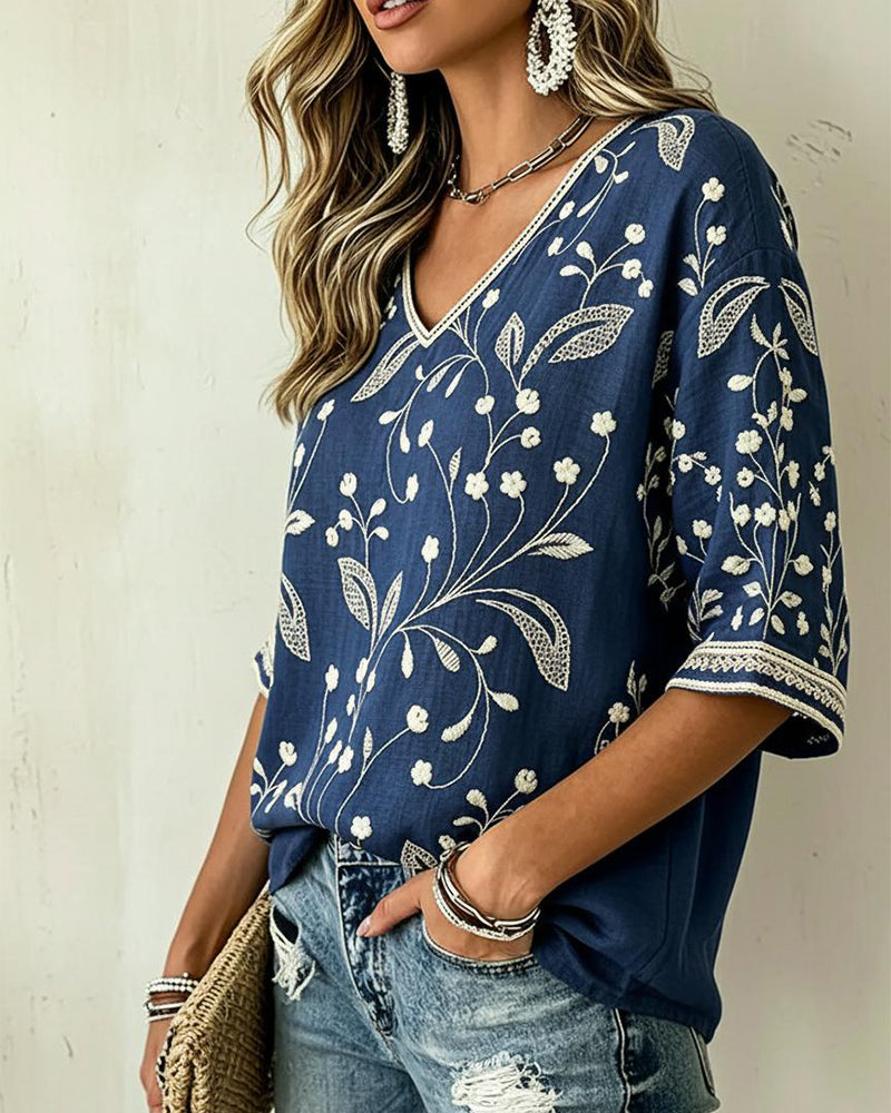 Bluse V-Hals Trekvart Erme Plantetrykk
