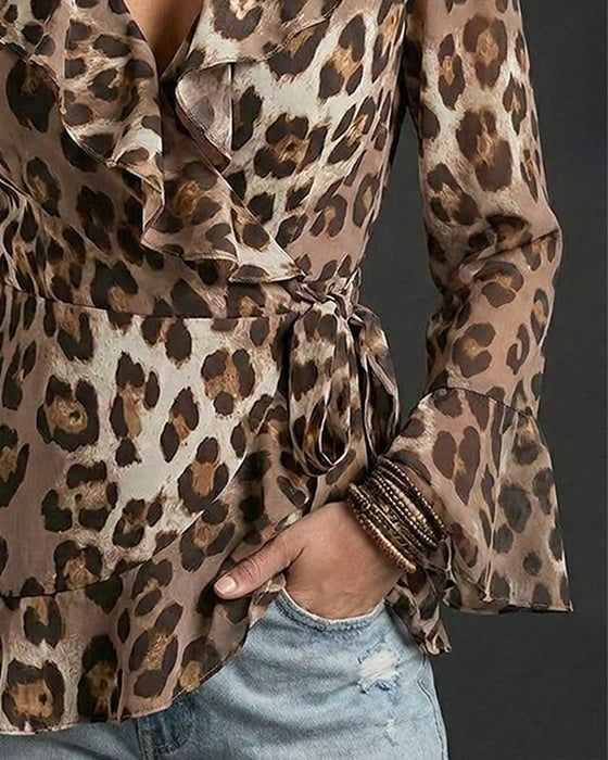 Bluse V-Hals Ruffle Leopard