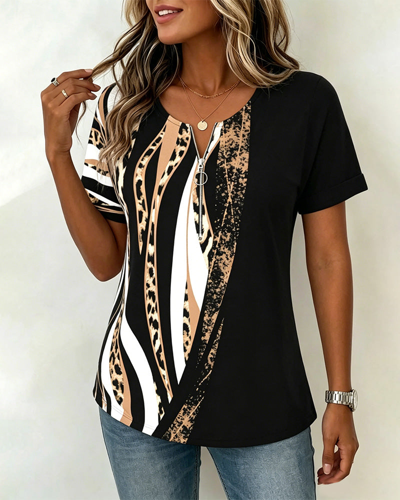 T-Shirt Glidelås Leopard Trykk Fargeblokk Casual