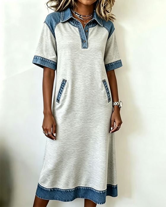 Kjole Skjortekrage Denim Patchwork Lomme