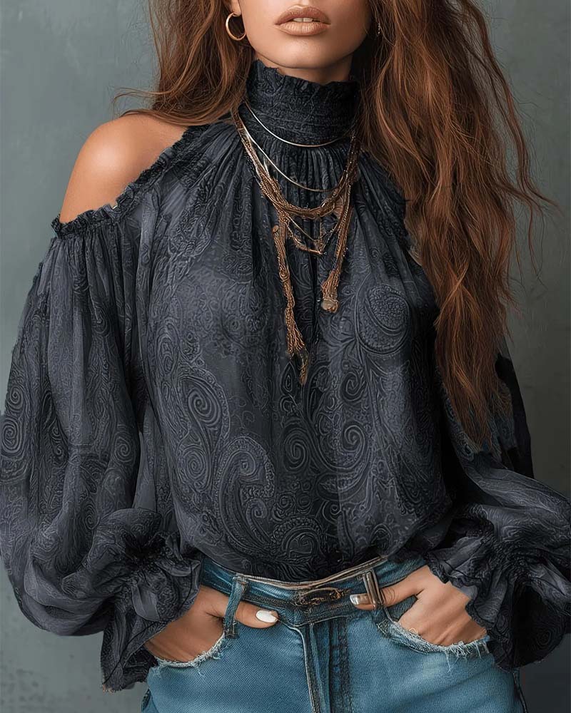 Bluse Trykt Off-Shoulder Mandarin Krage