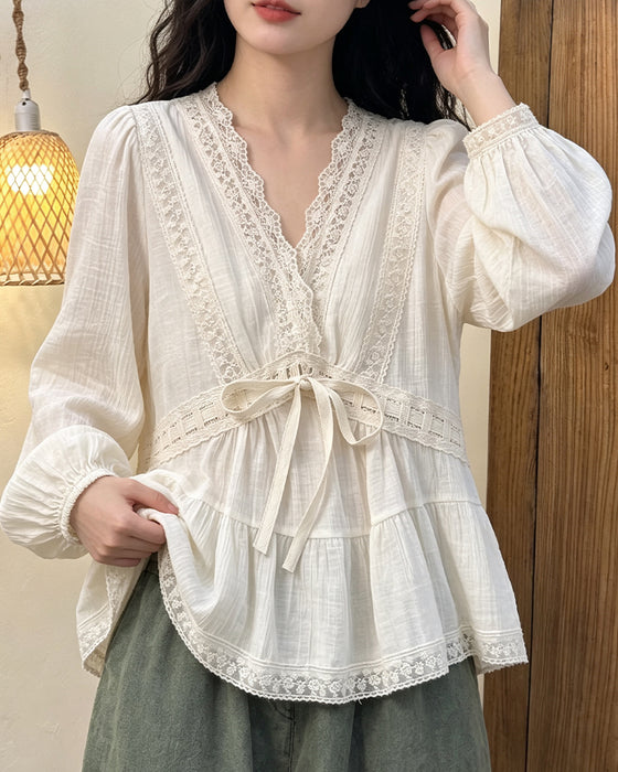 Bluse V-Hals Boble Erme Blonder Patchwork Utstilt