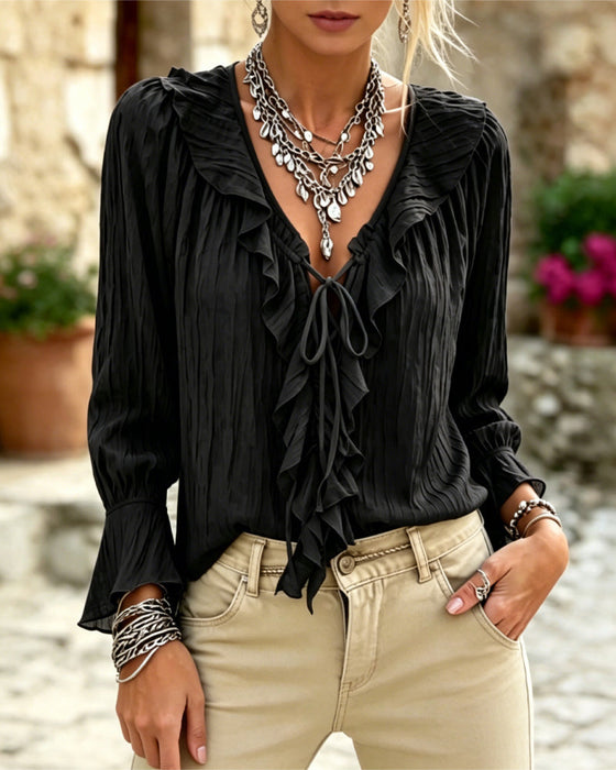 Bluse Ruffle Trim Knyting Lang Erme
