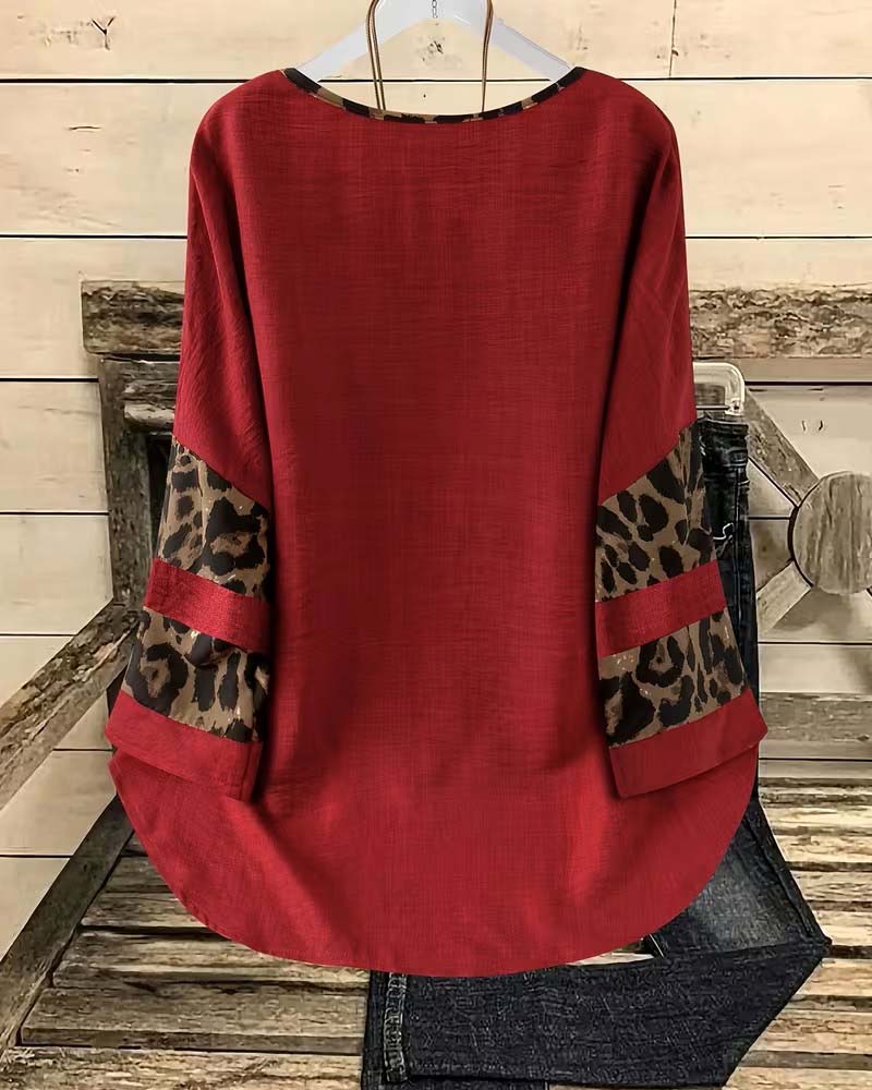 Topp Rundhalset Leopard Fargeblokk