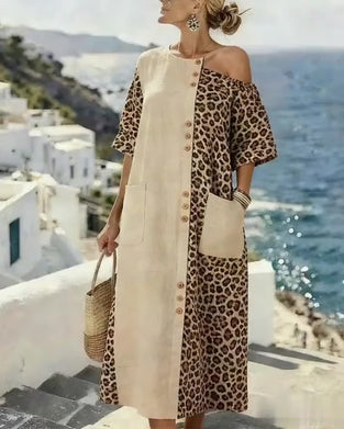 Kjole Leopard Print Fargeblokk Off-Shoulder