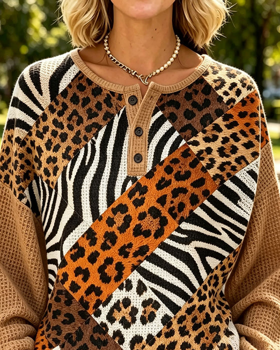 Sweatshirt Leopard Trykk Patchwork Rund Hals