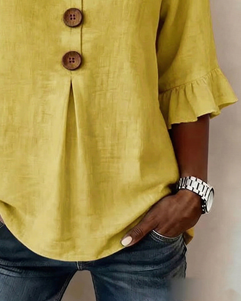 Bluser Ensfarget Bomull-Lin Treknapper Rysjer