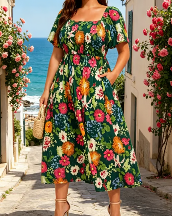 Kjole Firkantet Hals Stor Blomstret Midi